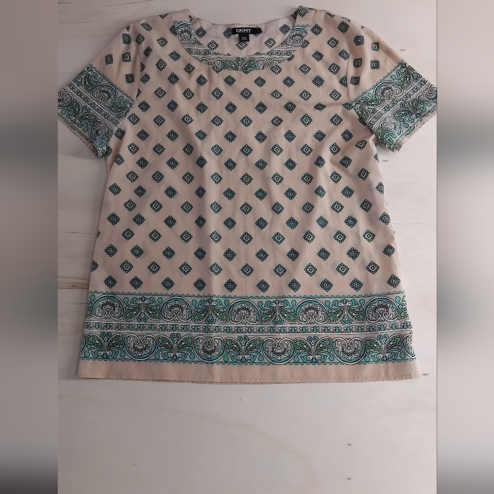 DKNY Green and Teal Geometric Blouse #C
